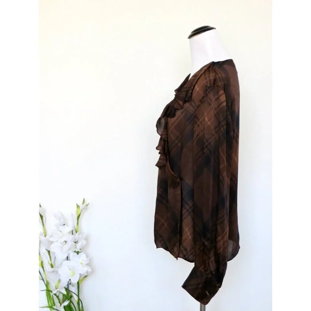 NEW! Lauren Ralph Lauren 100% Silk Wrap Blouse Plaid V-neck Ruffles Brown SZ 10